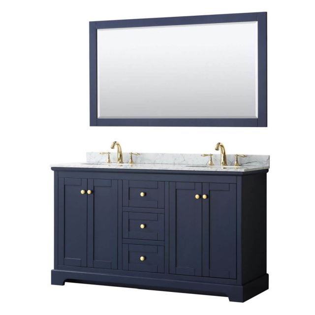 Wyndham Collection Avery 60 inch Double Bathroom Vanity in Dark Blue with White Carrara Marble Countertop, Undermount Oval Sinks and 58 inch Mirror - WCV232360DBLCMUNOM58