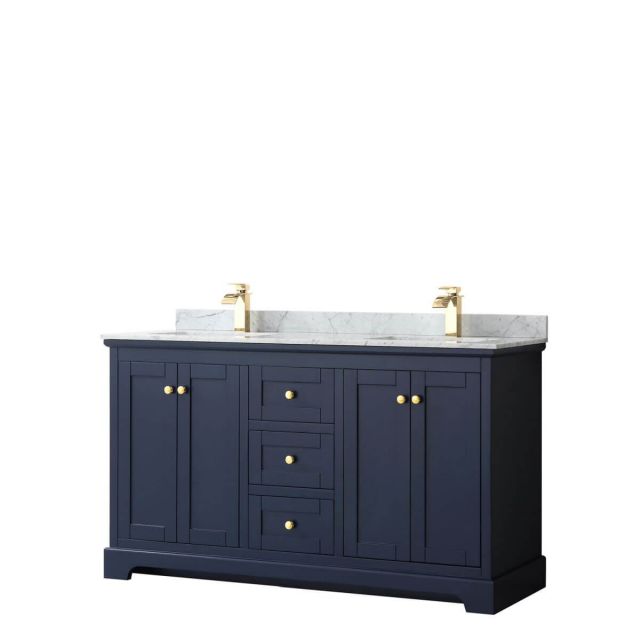 Wyndham Collection Avery 60 inch Double Bathroom Vanity in Dark Blue with White Carrara Marble Countertop, Undermount Square Sinks and No Mirror - WCV232360DBLCMUNSMXX