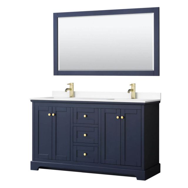 Wyndham Collection Avery 60 inch Double Bathroom Vanity in Dark Blue with White Cultured Marble Countertop, Undermount Square Sinks and 58 inch Mirror - WCV232360DBLWCUNSM58