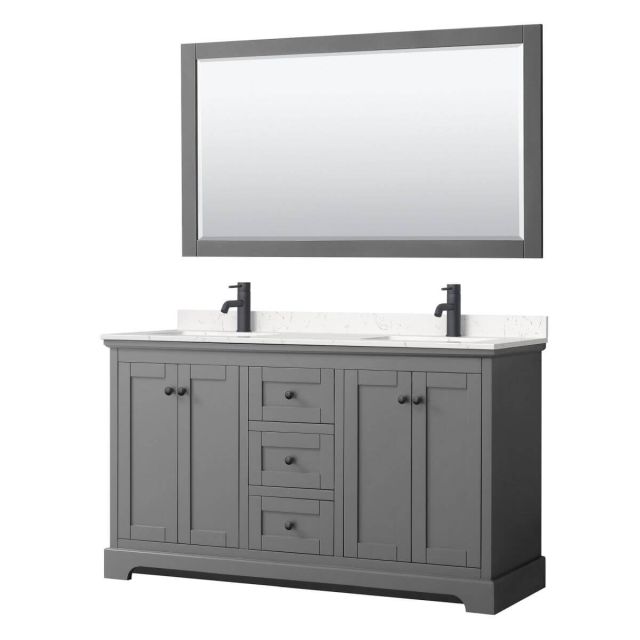 Wyndham Collection Avery 60 inch Double Bathroom Vanity in Dark Gray with Light-Vein Carrara Cultured Marble Countertop, Undermount Square Sinks, Matte Black Trim and 58 Inch Mirror WCV232360DGBC2UNSM58