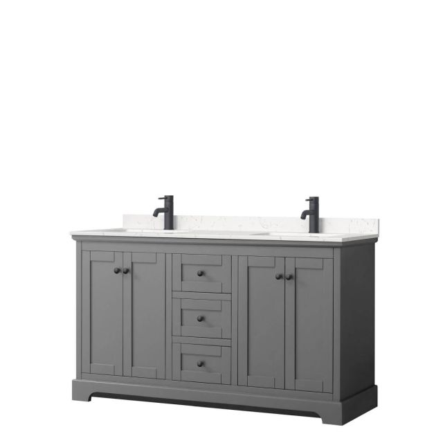 Wyndham Collection Avery 60 inch Double Bathroom Vanity in Dark Gray with Light-Vein Carrara Cultured Marble Countertop, Undermount Square Sinks and Matte Black Trim WCV232360DGBC2UNSMXX