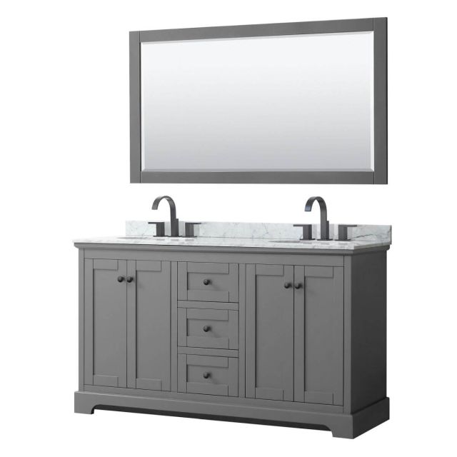 Wyndham Collection Avery 60 inch Double Bathroom Vanity in Dark Gray with White Carrara Marble Countertop, Undermount Oval Sinks, Matte Black Trim and 58 Inch Mirror WCV232360DGBCMUNOM58