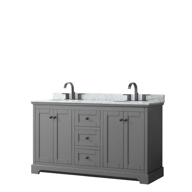 Wyndham Collection Avery 60 inch Double Bathroom Vanity in Dark Gray with White Carrara Marble Countertop, Undermount Oval Sinks and Matte Black Trim WCV232360DGBCMUNOMXX