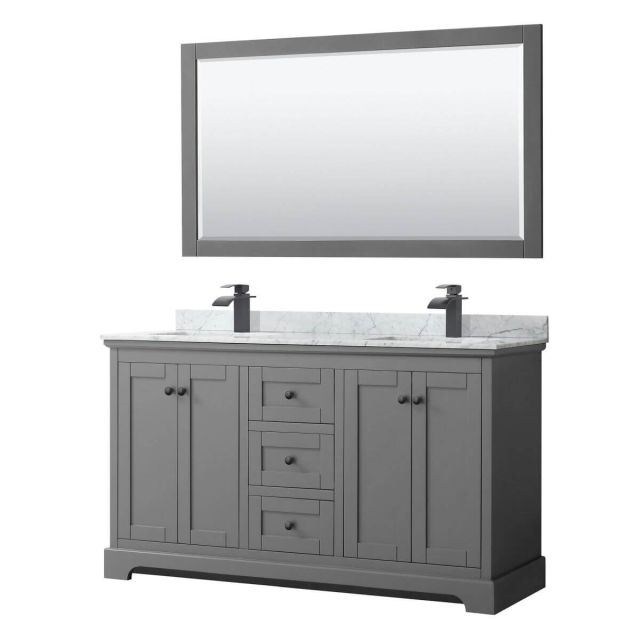 Wyndham Collection Avery 60 inch Double Bathroom Vanity in Dark Gray with White Carrara Marble Countertop, Undermount Square Sinks, Matte Black Trim and 58 Inch Mirror WCV232360DGBCMUNSM58
