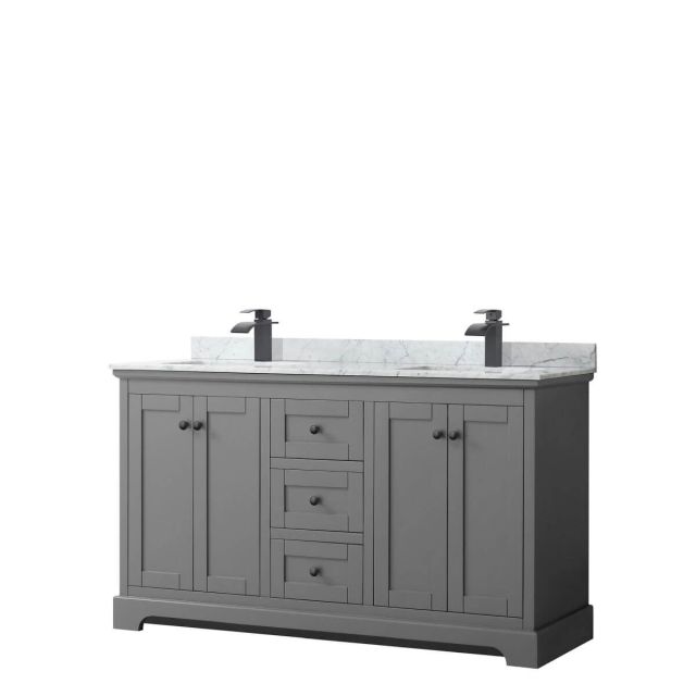 Wyndham Collection Avery 60 inch Double Bathroom Vanity in Dark Gray with White Carrara Marble Countertop, Undermount Square Sinks and Matte Black Trim WCV232360DGBCMUNSMXX