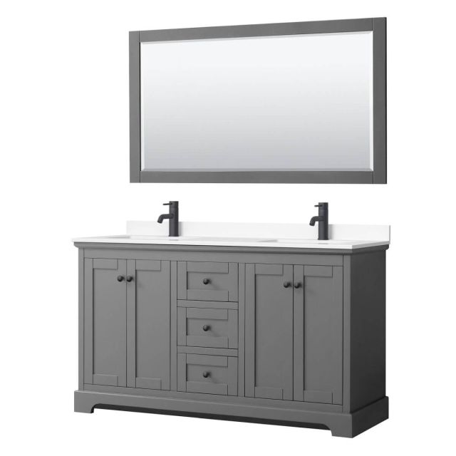Wyndham Collection Avery 60 inch Double Bathroom Vanity in Dark Gray with White Cultured Marble Countertop, Undermount Square Sinks, Matte Black Trim and 58 Inch Mirror WCV232360DGBWCUNSM58
