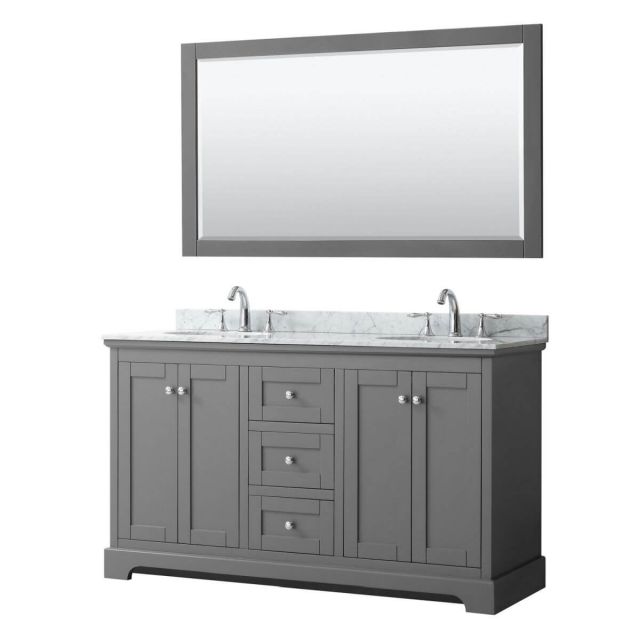 Wyndham Collection Avery 60 inch Double Bathroom Vanity in Dark Gray with White Carrara Marble Countertop, Undermount Oval Sinks and 58 inch Mirror - WCV232360DKGCMUNOM58