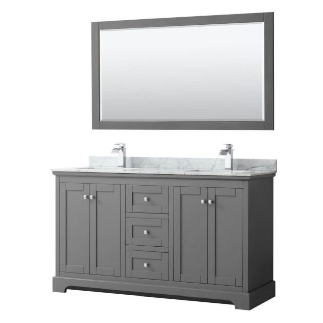 Wyndham Collection Avery 60 inch Double Bathroom Vanity in Dark Gray with White Carrara Marble Countertop, Undermount Square Sinks and 58 inch Mirror - WCV232360DKGCMUNSM58
