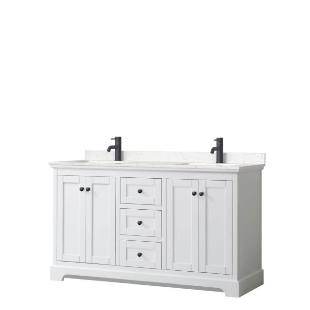 Wyndham Collection Avery 60 inch Double Bathroom Vanity in White with Light-Vein Carrara Cultured Marble Countertop, Undermount Square Sinks and Matte Black Trim WCV232360DWBC2UNSMXX