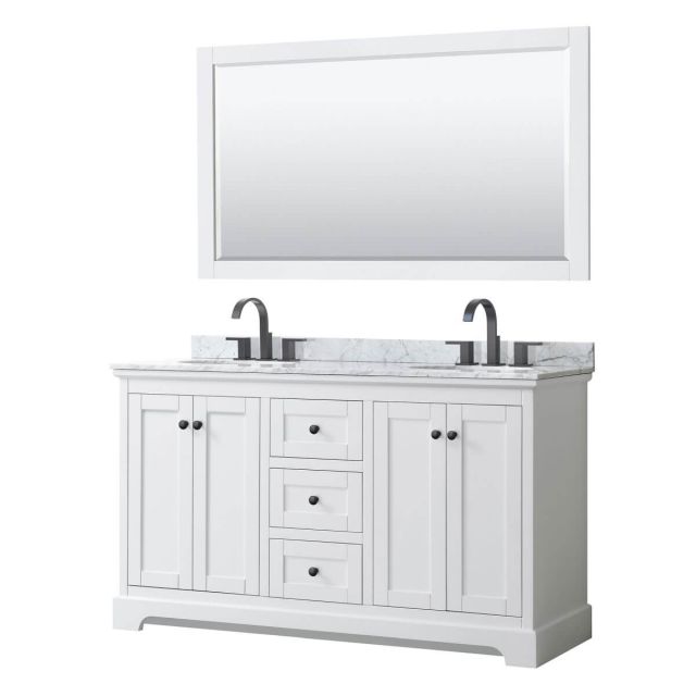 Wyndham Collection Avery 60 inch Double Bathroom Vanity in White with White Carrara Marble Countertop, Undermount Oval Sinks, Matte Black Trim and 58 Inch Mirror WCV232360DWBCMUNOM58