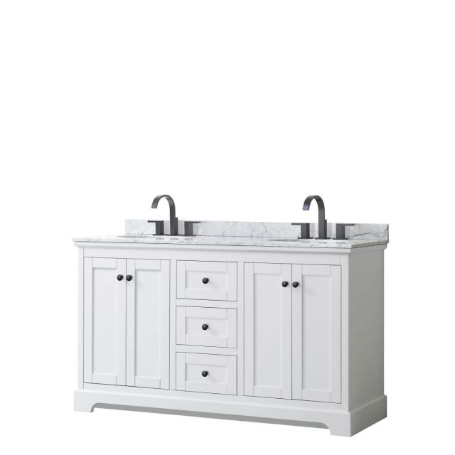 Wyndham Collection Avery 60 inch Double Bathroom Vanity in White with White Carrara Marble Countertop, Undermount Oval Sinks and Matte Black Trim WCV232360DWBCMUNOMXX
