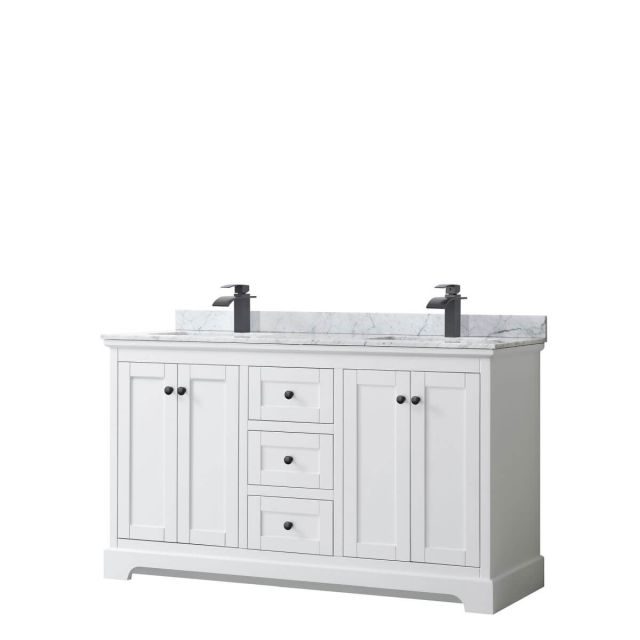 Wyndham Collection Avery 60 inch Double Bathroom Vanity in White with White Carrara Marble Countertop, Undermount Square Sinks and Matte Black Trim WCV232360DWBCMUNSMXX