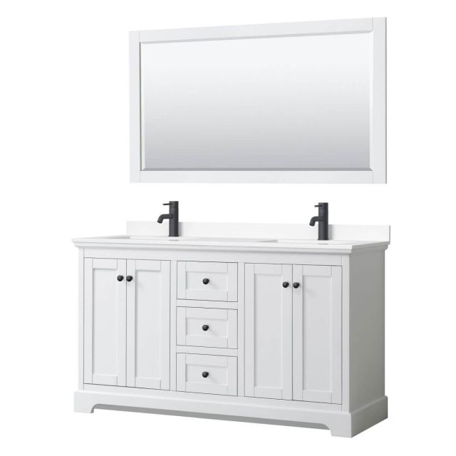 Wyndham Collection Avery 60 inch Double Bathroom Vanity in White with White Cultured Marble Countertop, Undermount Square Sinks, Matte Black Trim and 58 Inch Mirror WCV232360DWBWCUNSM58