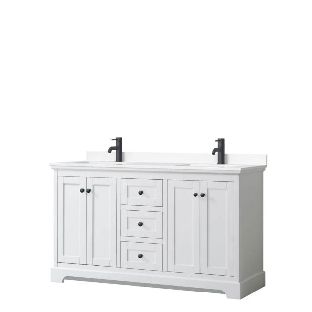 Wyndham Collection Avery 60 inch Double Bathroom Vanity in White with White Cultured Marble Countertop, Undermount Square Sinks and Matte Black Trim WCV232360DWBWCUNSMXX
