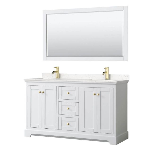 Wyndham Collection Avery 60 inch Double Bathroom Vanity in White with Light-Vein Carrara Cultured Marble Countertop, Undermount Square Sinks, 58 inch Mirror and Brushed Gold Trim - WCV232360DWGC2UNSM58