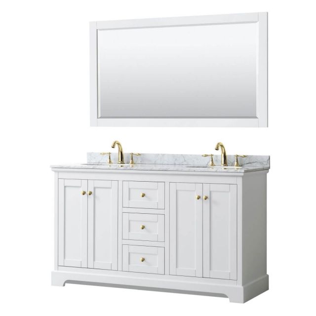 Wyndham Collection Avery 60 inch Double Bathroom Vanity in White with White Carrara Marble Countertop, Undermount Oval Sinks, 58 inch Mirror and Brushed Gold Trim - WCV232360DWGCMUNOM58