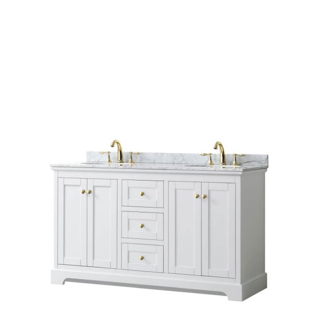 Wyndham Collection Avery 60 inch Double Bathroom Vanity in White with White Carrara Marble Countertop, Undermount Oval Sinks and Brushed Gold Trim - WCV232360DWGCMUNOMXX