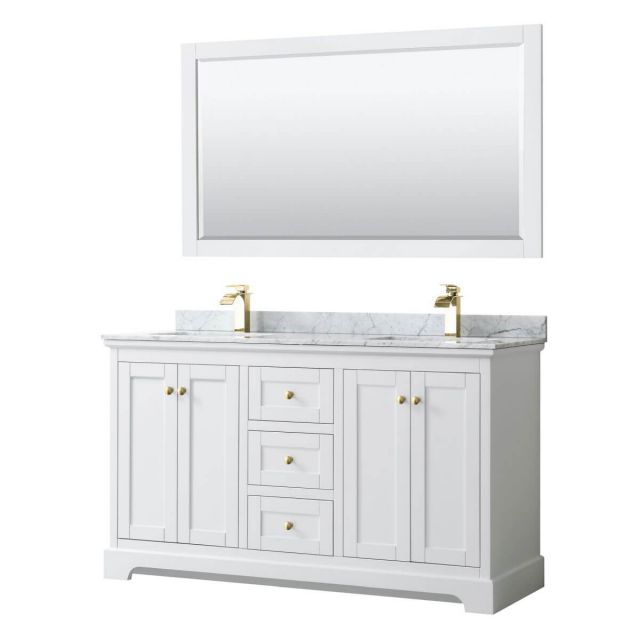 Wyndham Collection Avery 60 inch Double Bathroom Vanity in White with White Carrara Marble Countertop, Undermount Square Sinks, 58 inch Mirror and Brushed Gold Trim - WCV232360DWGCMUNSM58