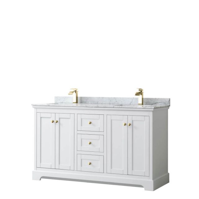 Wyndham Collection Avery 60 inch Double Bathroom Vanity in White with White Carrara Marble Countertop, Undermount Square Sinks and Brushed Gold Trim - WCV232360DWGCMUNSMXX