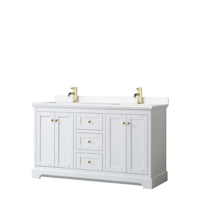 Wyndham Collection Avery 60 inch Double Bathroom Vanity in White with White Cultured Marble Countertop, Undermount Square Sinks and Brushed Gold Trim - WCV232360DWGWCUNSMXX