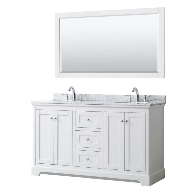 Wyndham Collection Avery 60 inch Double Bathroom Vanity in White with White Carrara Marble Countertop, Undermount Oval Sinks and 58 inch Mirror - WCV232360DWHCMUNOM58