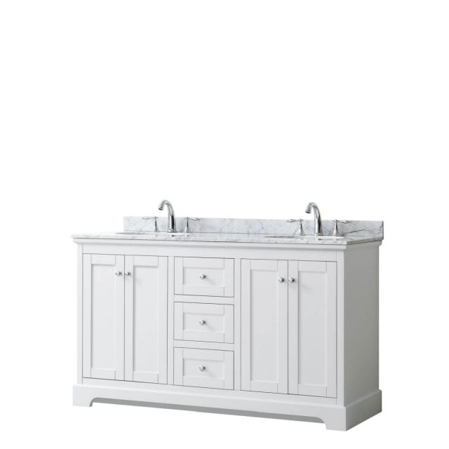 Wyndham Collection Avery 60 inch Double Bathroom Vanity in White with White Carrara Marble Countertop, Undermount Oval Sinks and No Mirror - WCV232360DWHCMUNOMXX