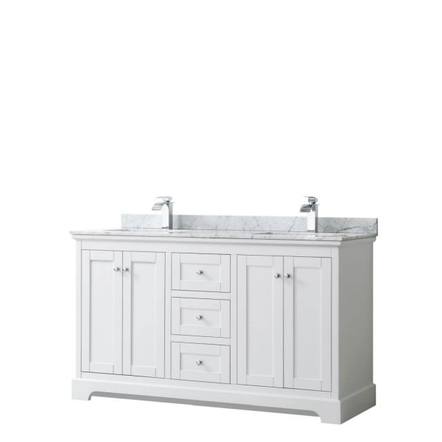 Wyndham Collection Avery 60 inch Double Bathroom Vanity in White with White Carrara Marble Countertop, Undermount Square Sinks and No Mirror - WCV232360DWHCMUNSMXX
