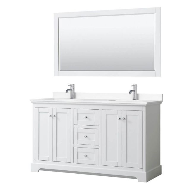 Wyndham Collection Avery 60 inch Double Bathroom Vanity in White with White Cultured Marble Countertop, Undermount Square Sinks and 58 inch Mirror - WCV232360DWHWCUNSM58