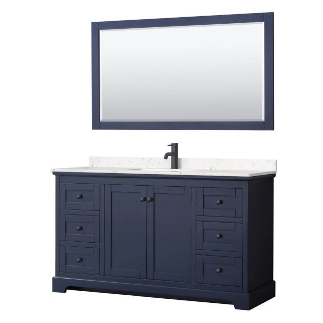 Wyndham Collection Avery 60 inch Single Bathroom Vanity in Dark Blue with Light-Vein Carrara Cultured Marble Countertop, Undermount Square Sink, Matte Black Trim and 58 Inch Mirror WCV232360SBBC2UNSM58