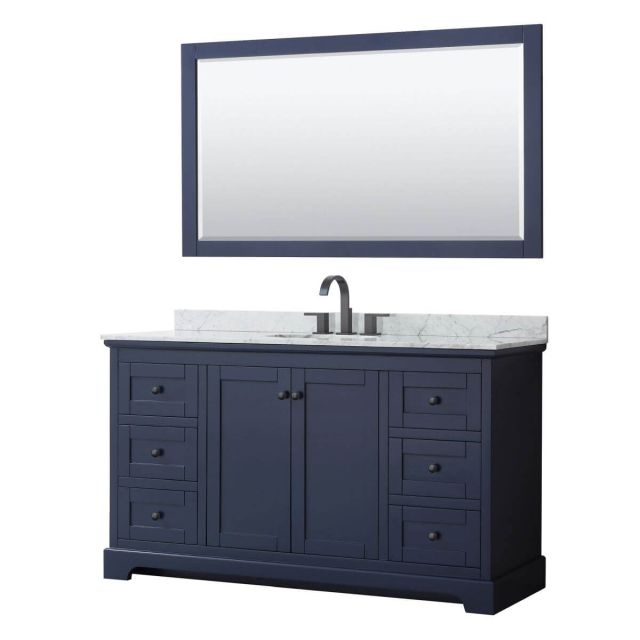 Wyndham Collection Avery 60 inch Single Bathroom Vanity in Dark Blue with White Carrara Marble Countertop, Undermount Oval Sink, Matte Black Trim and 58 Inch Mirror WCV232360SBBCMUNOM58