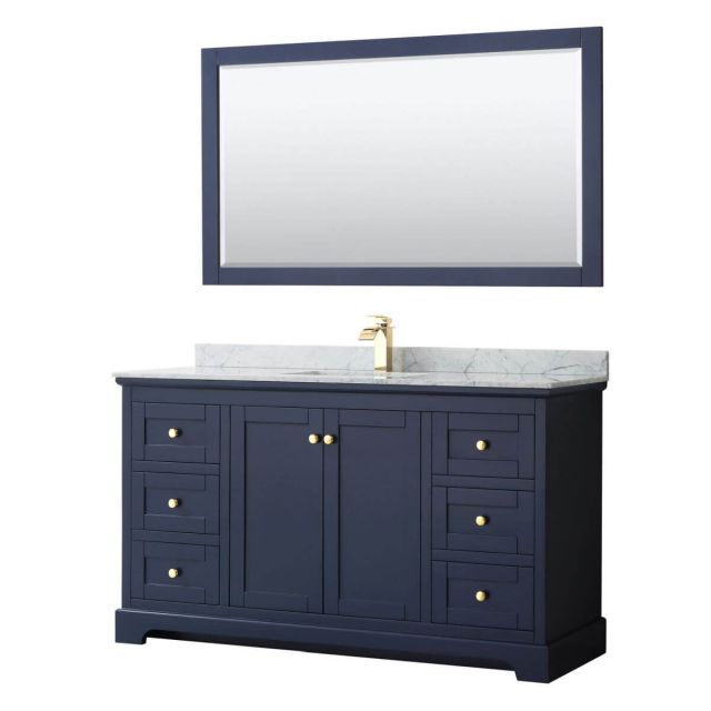 Wyndham Collection Avery 60 inch Single Bathroom Vanity in Dark Blue with White Carrara Marble Countertop, Undermount Square Sink and 58 inch Mirror - WCV232360SBLCMUNSM58