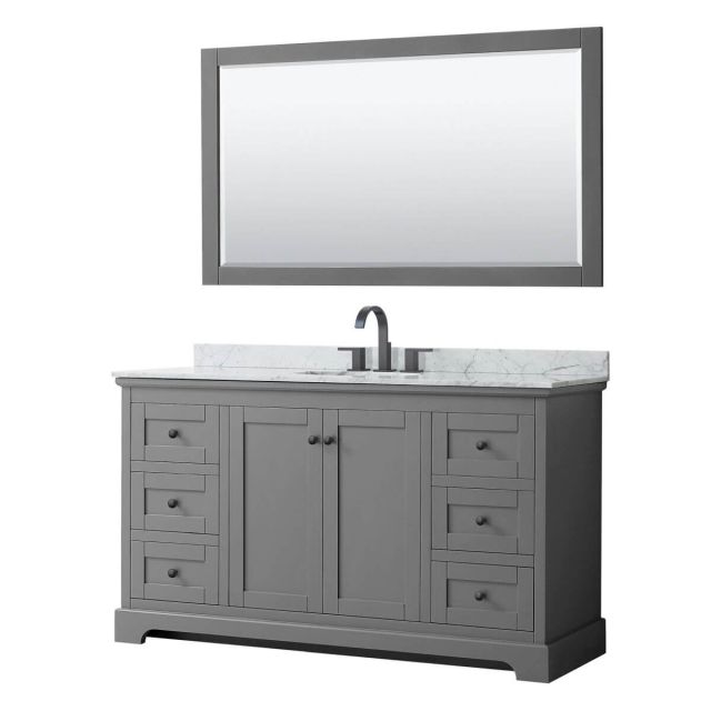 Wyndham Collection Avery 60 inch Single Bathroom Vanity in Dark Gray with White Carrara Marble Countertop, Undermount Oval Sink, Matte Black Trim and 58 Inch Mirror WCV232360SGBCMUNOM58