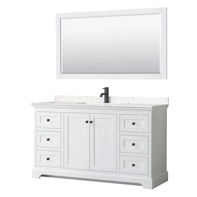 Wyndham Collection Avery 60 inch Single Bathroom Vanity in White with Light-Vein Carrara Cultured Marble Countertop, Undermount Square Sink, Matte Black Trim and 58 Inch Mirror WCV232360SWBC2UNSM58