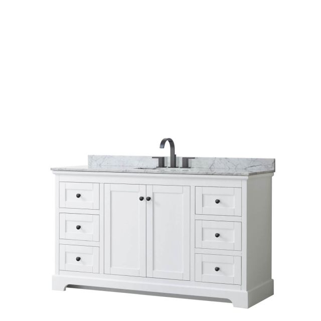 Wyndham Collection Avery 60 inch Single Bathroom Vanity in White with White Carrara Marble Countertop, Undermount Oval Sink and Matte Black Trim WCV232360SWBCMUNOMXX