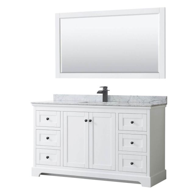 Wyndham Collection Avery 60 inch Single Bathroom Vanity in White with White Carrara Marble Countertop, Undermount Square Sink, Matte Black Trim and 58 Inch Mirror WCV232360SWBCMUNSM58