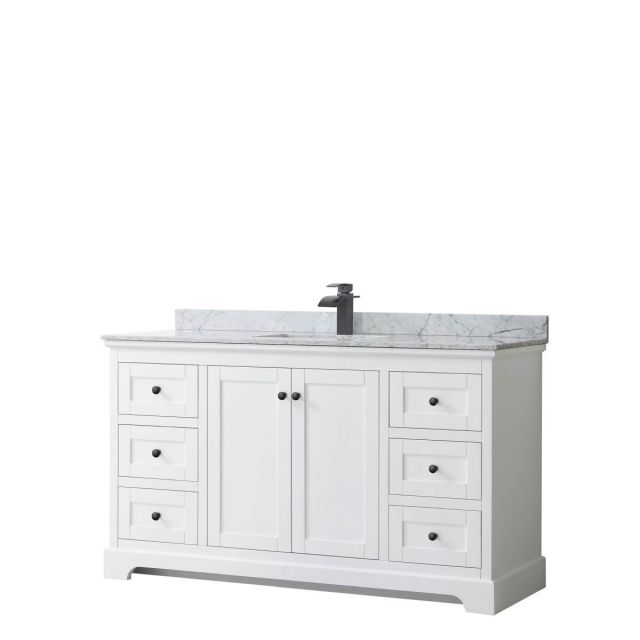 Wyndham Collection Avery 60 inch Single Bathroom Vanity in White with White Carrara Marble Countertop, Undermount Square Sink and Matte Black Trim WCV232360SWBCMUNSMXX