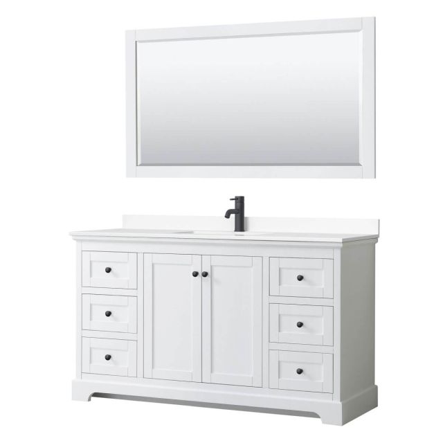 Wyndham Collection Avery 60 inch Single Bathroom Vanity in White with White Cultured Marble Countertop, Undermount Square Sink, Matte Black Trim and 58 Inch Mirror WCV232360SWBWCUNSM58