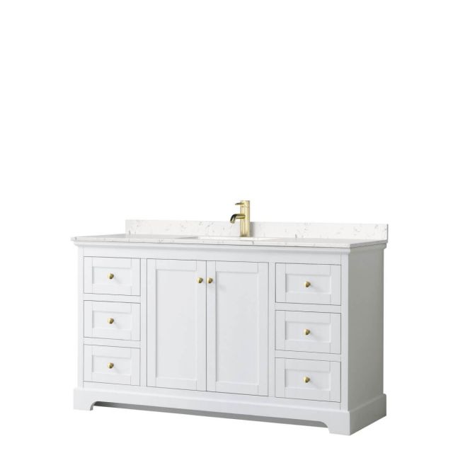 Wyndham Collection Avery 60 inch Single Bathroom Vanity in White with Light-Vein Carrara Cultured Marble Countertop, Undermount Square Sink and Brushed Gold Trim - WCV232360SWGC2UNSMXX