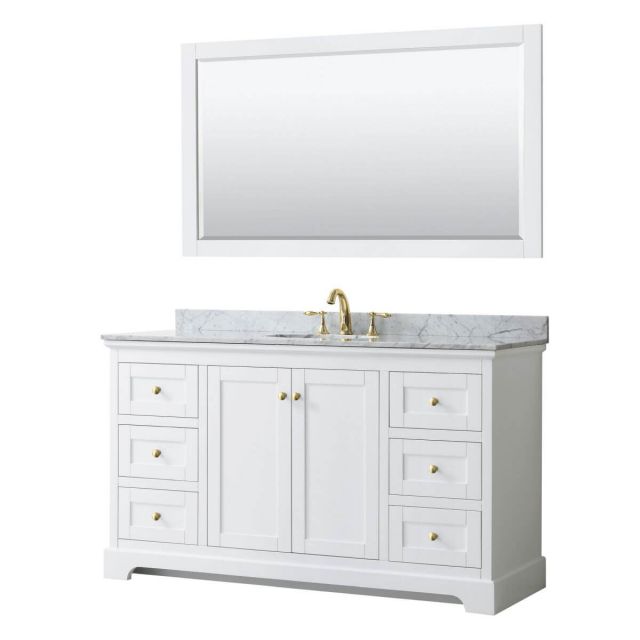Wyndham Collection Avery 60 inch Single Bathroom Vanity in White with White Carrara Marble Countertop, Undermount Oval Sink, 58 inch Mirror and Brushed Gold Trim - WCV232360SWGCMUNOM58