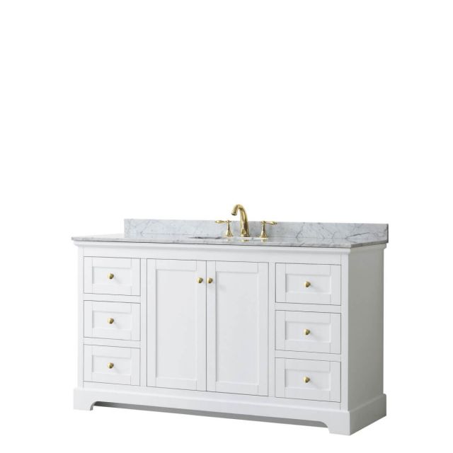 Wyndham Collection Avery 60 inch Single Bathroom Vanity in White with White Carrara Marble Countertop, Undermount Oval Sink and Brushed Gold Trim - WCV232360SWGCMUNOMXX