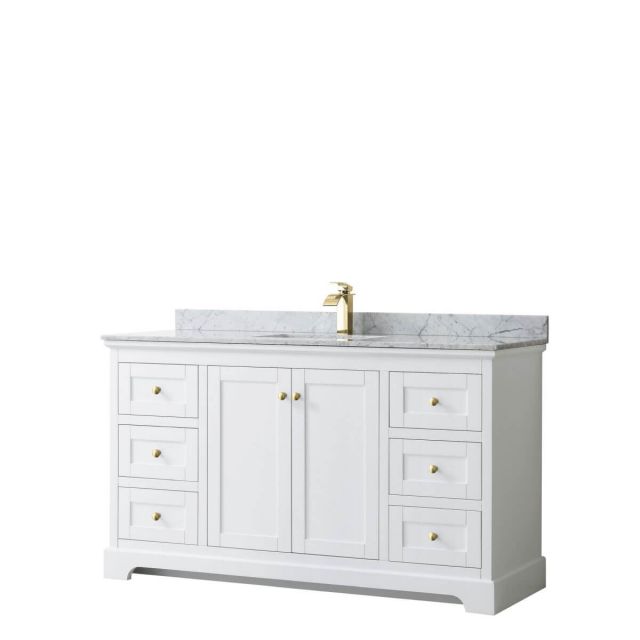 Wyndham Collection Avery 60 inch Single Bathroom Vanity in White with White Carrara Marble Countertop, Undermount Square Sink and Brushed Gold Trim - WCV232360SWGCMUNSMXX