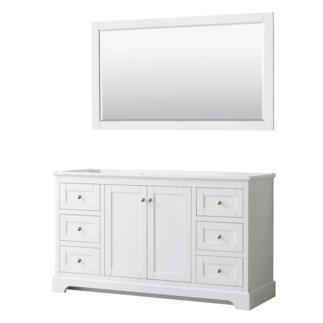 Wyndham Collection Avery 60 inch Single Bathroom Vanity in White with 58 inch Mirror, Brushed Gold Trim, No Countertop and No Sinks - WCV232360SWGCXSXXM58