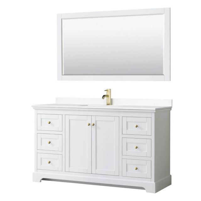 Wyndham Collection Avery 60 inch Single Bathroom Vanity in White with White Cultured Marble Countertop, Undermount Square Sink, 58 inch Mirror and Brushed Gold Trim - WCV232360SWGWCUNSM58