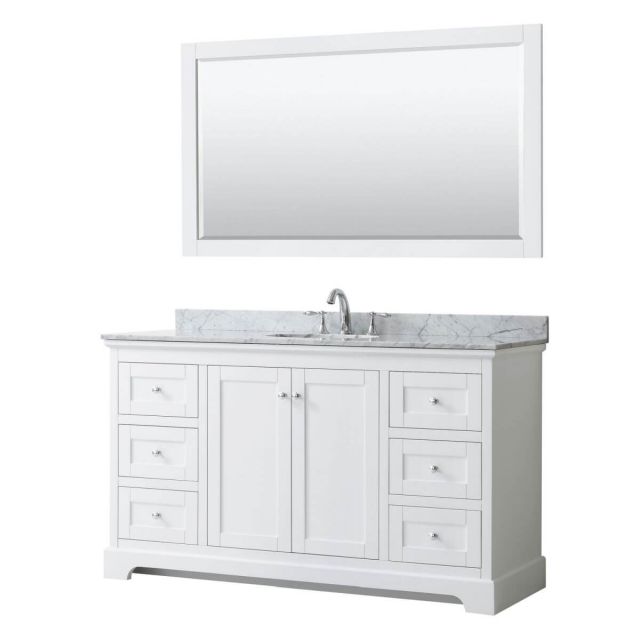 Wyndham Collection Avery 60 inch Single Bathroom Vanity in White with White Carrara Marble Countertop, Undermount Oval Sink and 58 inch Mirror - WCV232360SWHCMUNOM58