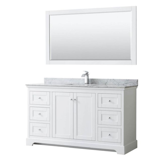Wyndham Collection Avery 60 inch Single Bathroom Vanity in White with White Carrara Marble Countertop, Undermount Square Sink and 58 inch Mirror - WCV232360SWHCMUNSM58