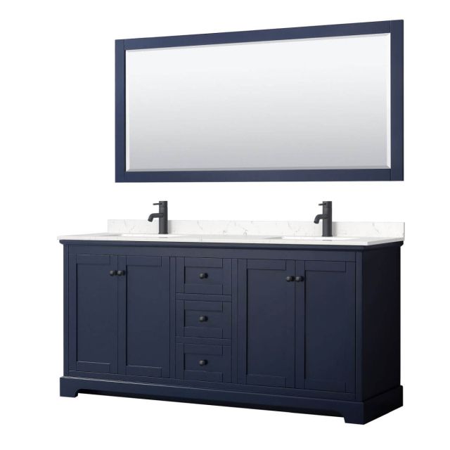 Wyndham Collection Avery 72 inch Double Bathroom Vanity in Dark Blue with Light-Vein Carrara Cultured Marble Countertop, Undermount Square Sinks, Matte Black Trim and 70 Inch Mirror WCV232372DBBC2UNSM70