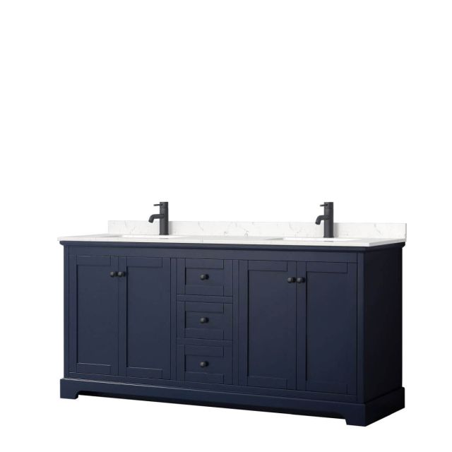 Wyndham Collection Avery 72 inch Double Bathroom Vanity in Dark Blue with Light-Vein Carrara Cultured Marble Countertop, Undermount Square Sinks and Matte Black Trim WCV232372DBBC2UNSMXX