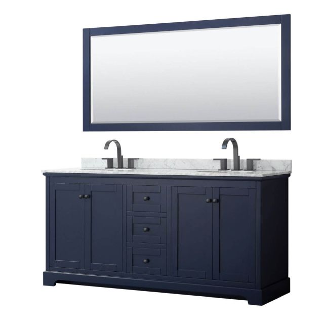 Wyndham Collection Avery 72 inch Double Bathroom Vanity in Dark Blue with White Carrara Marble Countertop, Undermount Oval Sinks, Matte Black Trim and 70 Inch Mirror WCV232372DBBCMUNOM70