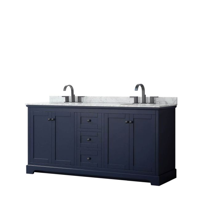 Wyndham Collection Avery 72 inch Double Bathroom Vanity in Dark Blue with White Carrara Marble Countertop, Undermount Oval Sinks and Matte Black Trim WCV232372DBBCMUNOMXX