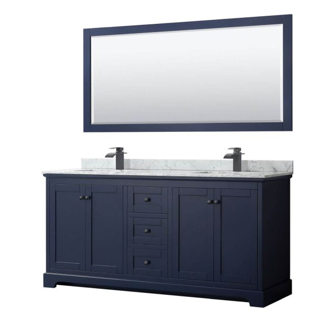 Wyndham Collection Avery 72 inch Double Bathroom Vanity in Dark Blue with White Carrara Marble Countertop, Undermount Square Sinks, Matte Black Trim and 70 Inch Mirror WCV232372DBBCMUNSM70